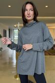 Essential Fine Jersey Polo Neck Top Grey Marl